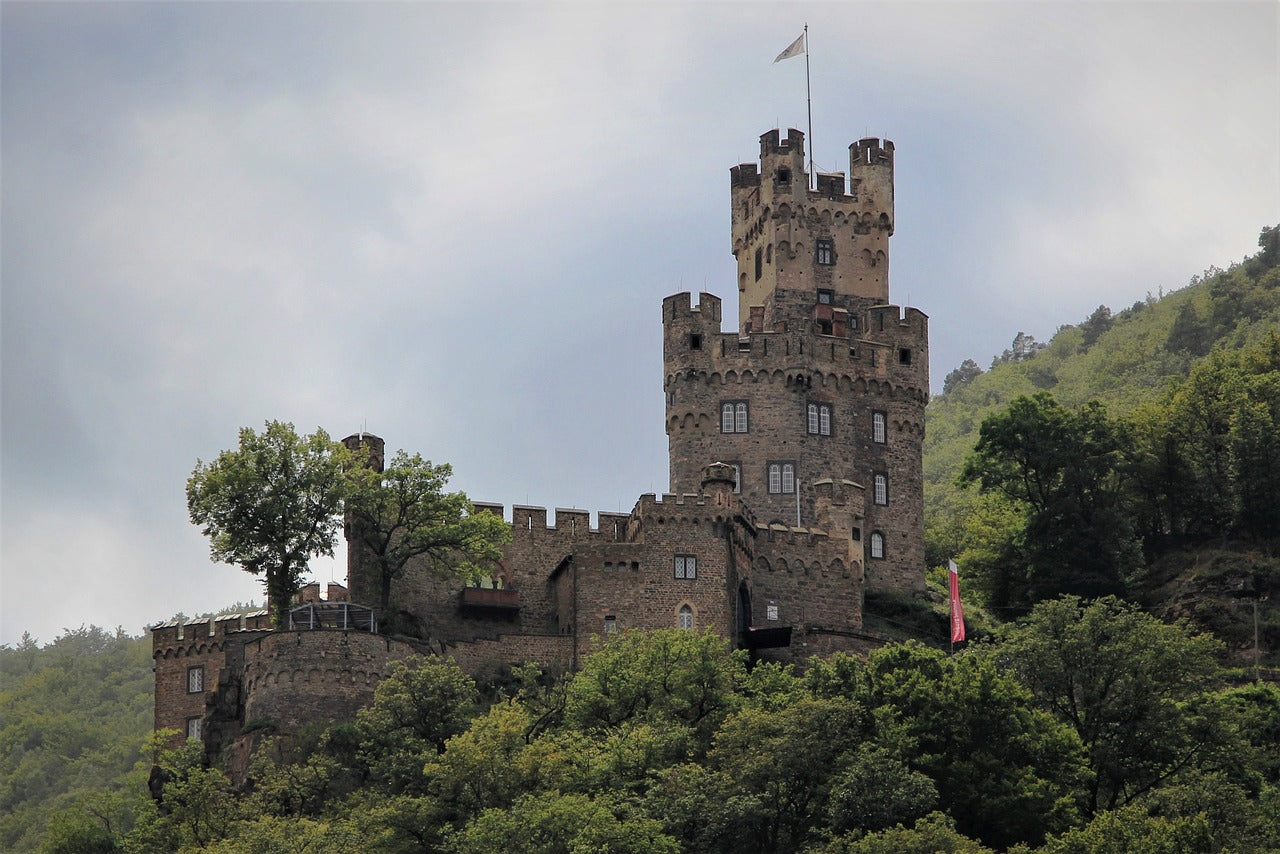 A stone castle on a hill of trees