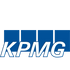 the kpmg logo is blue and white on a white background.