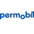 a blue permobil logo on a white background